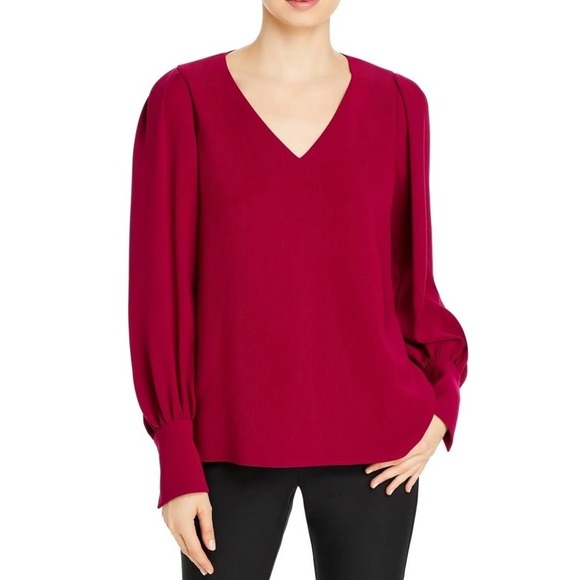 Lafayette 148 Lenore Hibiscus Pink  V-Neck Crepe Blouse Puff Sleeve XL Career - Picture 1 of 6